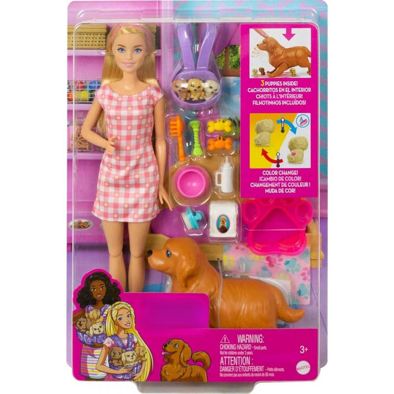 Barbie Doll & Pets Set, Blonde with Mommy Dog, 3 Newborn Puppies with Color-Change Feature & Pet Accessories