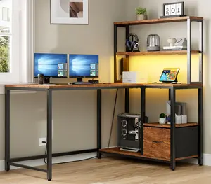 HOOBRO L Shaped Gamer Desk, 46 Inch Reversible Computer Desk with LED Light & Power Outlet, Office Desk with Storage Shelves & Drawer, for Home Office, Study, Rustic Brown and Black#springtok #SummerVibes