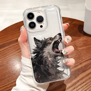 Wolf Pattern Soft TPU Flexible Full-Body Airbag Shockproof Protection Phone Case , Clear Cover For iPhone 16 15 14 13 12 11 Pro Max Plus XSMAX Y2K Men
