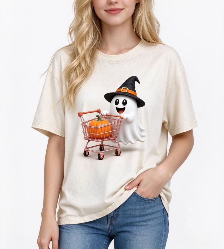 Women's Cotton Breathable Casual Ghost Graphic Washed T-Shirt - Kawaii Oversized Garment for Halloween, Beach Spooky Season Trick-or-Treat Outfit