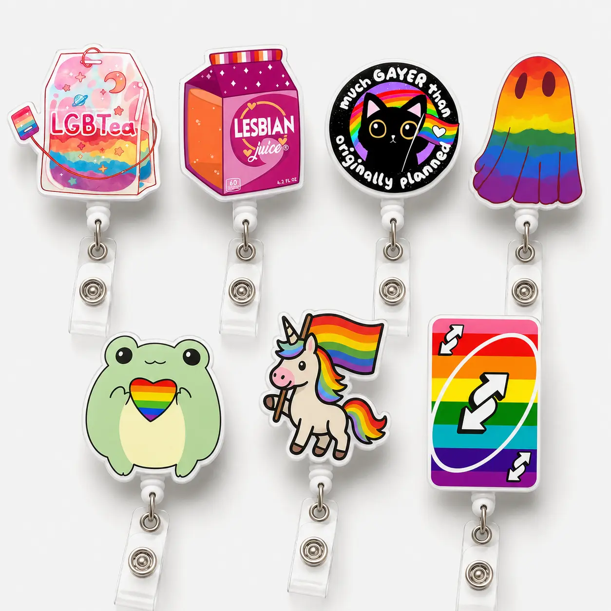 Funny Pride Badge Reel, 2D Acrylic Retractable ID Holder, Aesthetic Inclusive Name Tag Clip Gift
