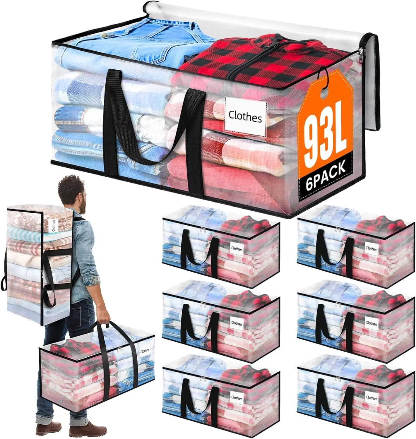 BlissTotes Moving Bags 6-Pack – 93L Clear Heavy Duty Storage Bags with Backpack Straps & Strong Zippers for Moving & Dorm Use