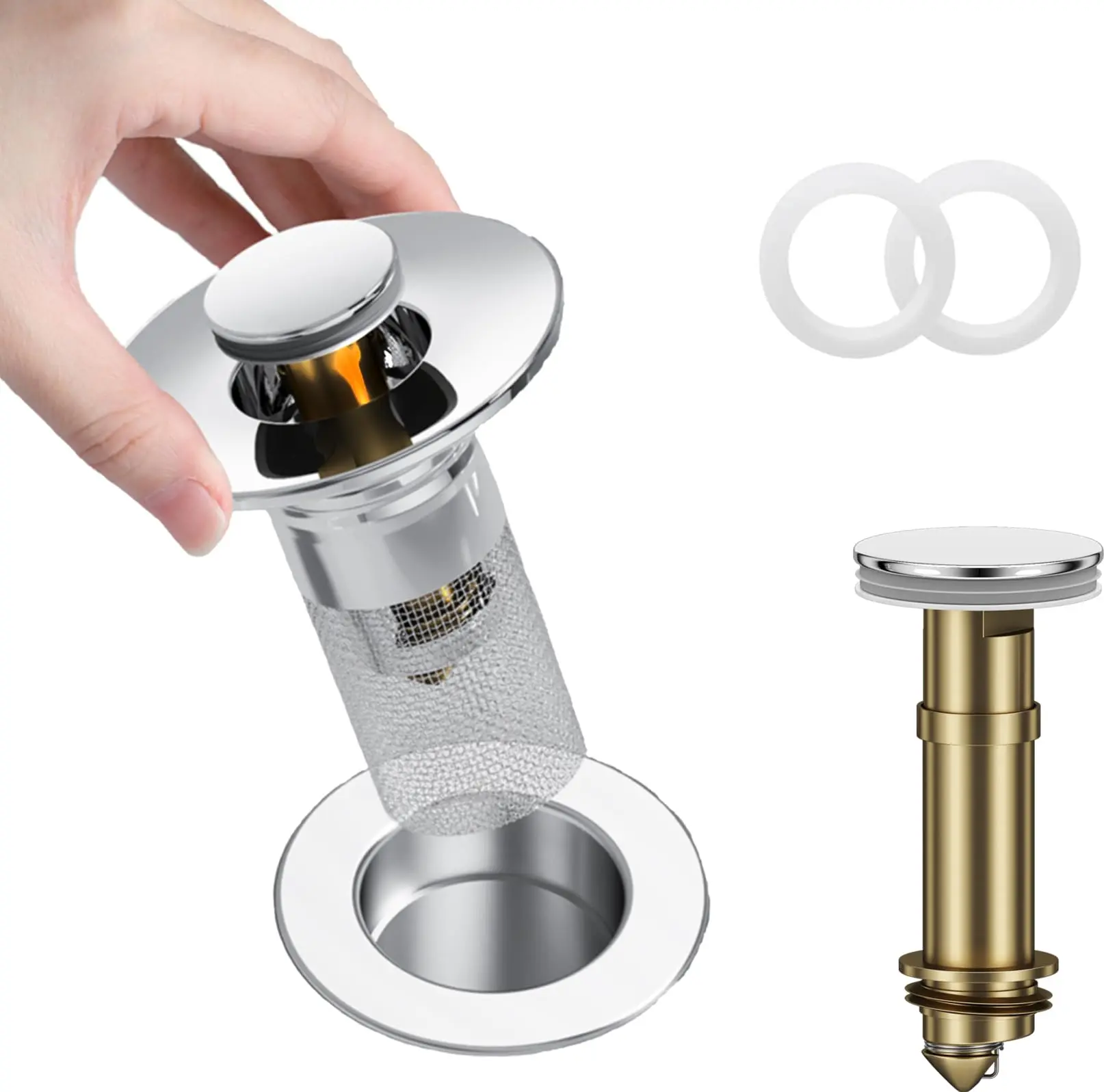 Universal Push-Type Bathroom Sink Stopper, Hair Catcher Drain Filter with Anti-Clogging Design, Standard Size Fits Most Sink Drain Holes, Stainless Steel & ABS Construction