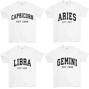 (Leave A Note or DM to Shop) Custom EST.Year, Custom Zodiac T-Shirt - White Color, Personalized Astrology Tee with Est.Year, Cute Horoscope Energy Shirt, Birthday Star Sign Outfit for Men and Women, Celestial Gift Idea for Spiritual Zodiac Lovers - HARSIN