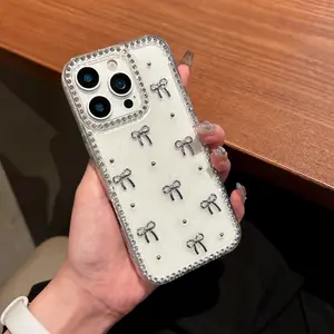 Suitable for Apple/iPhone Case, Aesthetic Shockproof Protective Sparkling Silver Beads Diamond Frame with Drip Stick Bow for iPhone 11 12 13 14 15 16 17 Series Cell Phone Girls Case Cover Protector