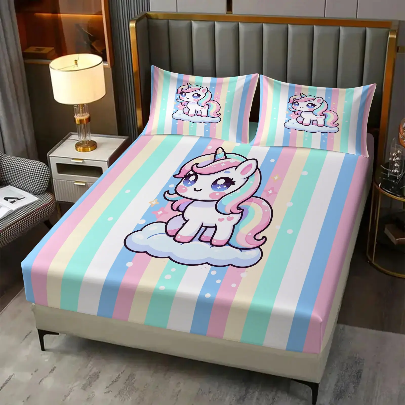 Cute Unicorn Print Bed Sheet Set, Comfy Bedding Set, Bedsheets Set, Includes 2 Pillowcases, Maroon Color Scheme, Breathable Comfort, Durable Soft Fabric, Girls' Bedroom Decor