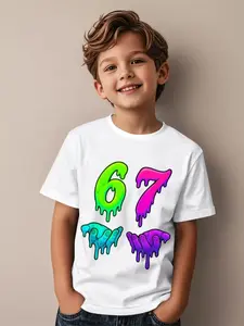 Ice Cream Cone and Six Seven 67 Number Print T-Shirt, Custom Number Shirt, Summer Short Sleeve, Casual Party Wear, Graphic Fashion Tee, Round Neck Top