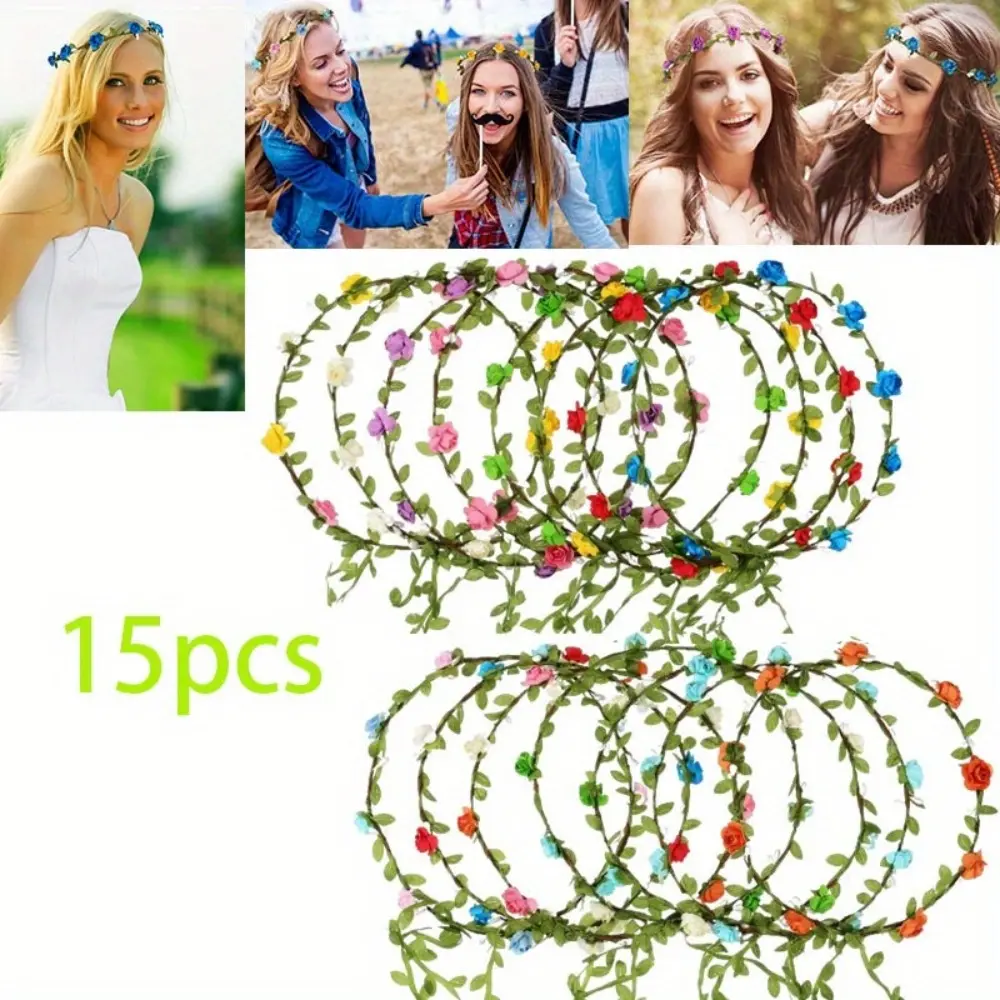 15pcs Assorted Colored Flower Crown Wreath Headband Garland Multicolor Headbands Floral Headpiece for Wedding Festival Vacation Fairy Party Photography Props, Festival Headpiece, Party Decoration Item, Floral Headband Garland, Floral Garland Look Summervi