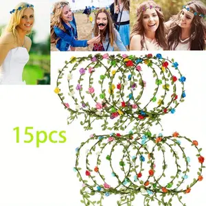 15pcs Assorted Colored Flower Crown Wreath Headband Garland Multicolor Headbands Floral Headpiece for Wedding Festival Vacation Fairy Party Photography Props, Festival Headpiece, Party Decoration Item, Floral Headband Garland, Floral Garland Look