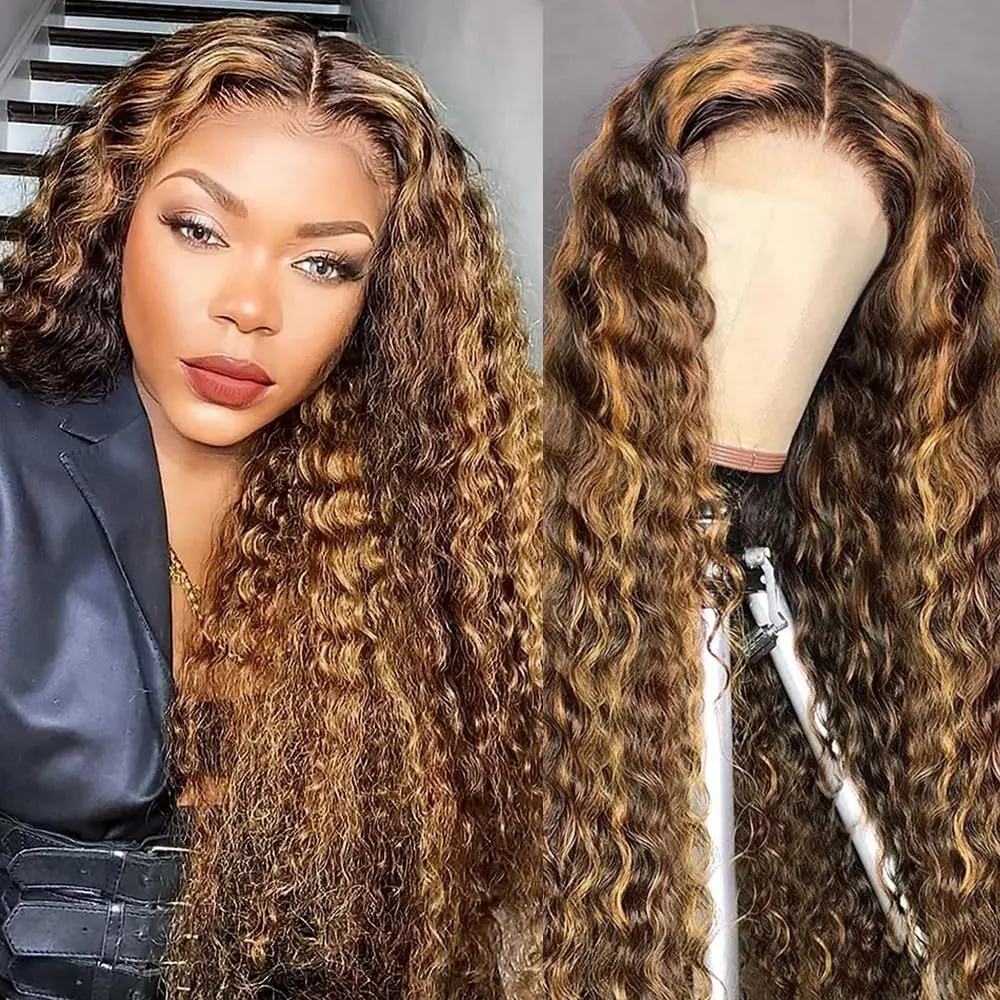 Highlight Ombre Lace Front Wigs Human Hair 13x6 Honey Blonde Deep Wave Wig 4/27 Curly Human Hair Wig for Women Wet and Wavy 180% Density Glueless Wigs Human Hair Pre Plucked