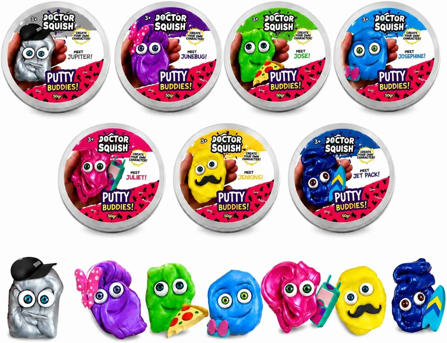 Doctor Squish Putty Buddies for Kids - Stretchy Sensory Putty Toy, Squishy Fidget Putty with 7 Collectible Character Tins, Soft Slime Alternative, Party Favor, Stress Relief Toy, Ages 3+ Gift Set