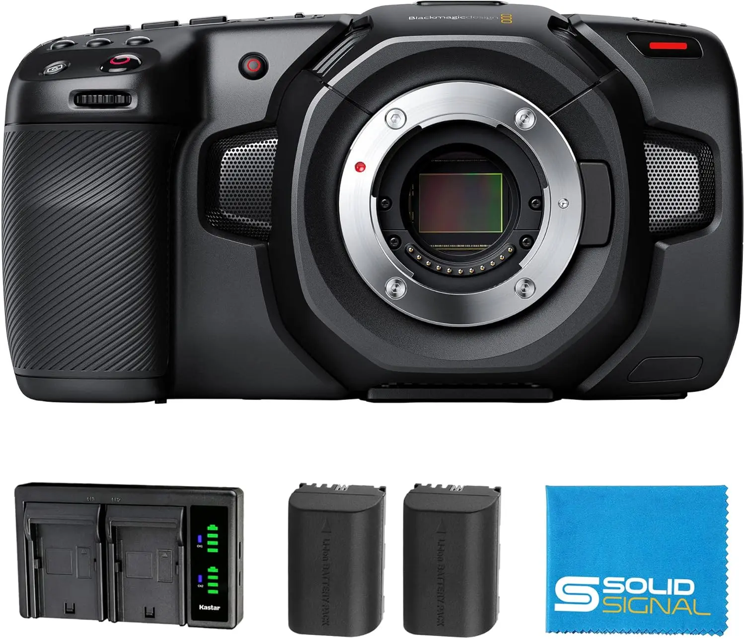 Blackmagic Design Handheld Digital Movie Pocket Cinema Camera 4K Power Bundle (CINECAMPOCHDMFT4K) - Includes 2 LP-E6 Batteries, Dual Battery Charger, SolidSignal Microfiber Cloth