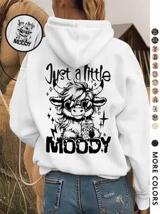 【Plus Size】 Cartoon Highland Cow & Letter Print Hoodie, Fashion Casual Hooded Sweatshirt for Daily Holiday Outdoor Wear, Women Clothing for Fall & Winter