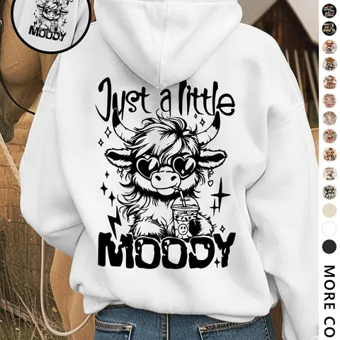 Plus-Size Women's Cartoon Highland Cow and Letter Print Hoodie, Casual Hooded Sweatshirt for Daily, Holiday, and Outdoor Wear, Fall and Winter, Cool Hoodies