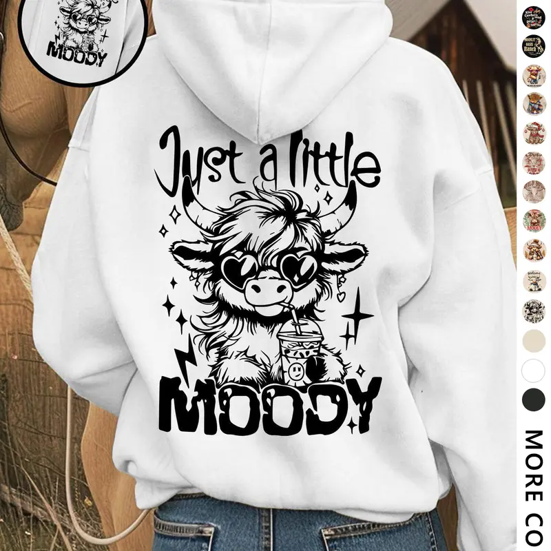Plus-Size Women's Cartoon Highland Cow and Letter Print Hoodie, Casual Hooded Sweatshirt for Daily, Holiday, and Outdoor Wear, Fall and Winter, Cool Hoodies