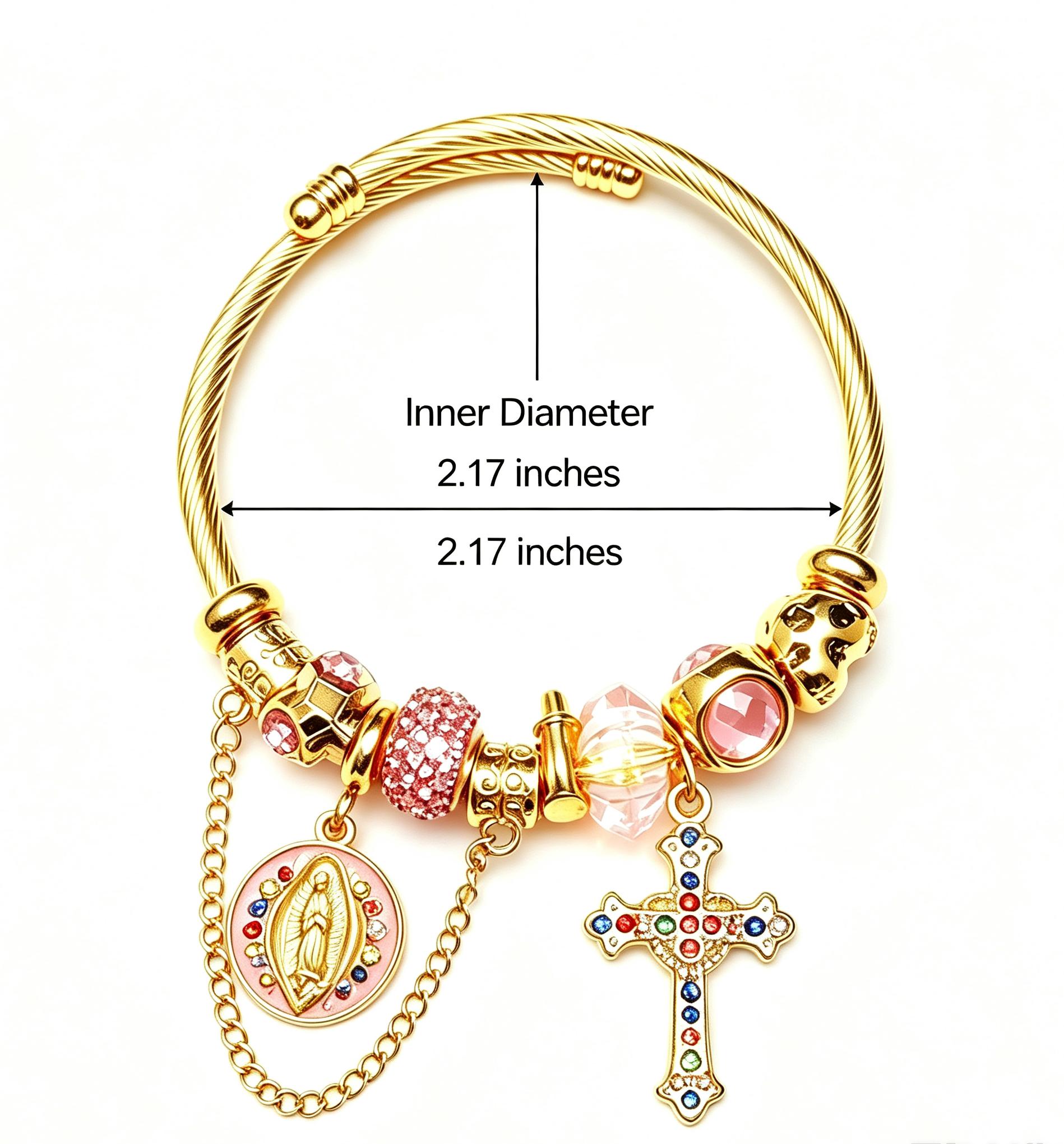 Gold Tone Virgin Mary Cross Charm Wire Bangle, Pink Crystal Religious Bracelet For Women