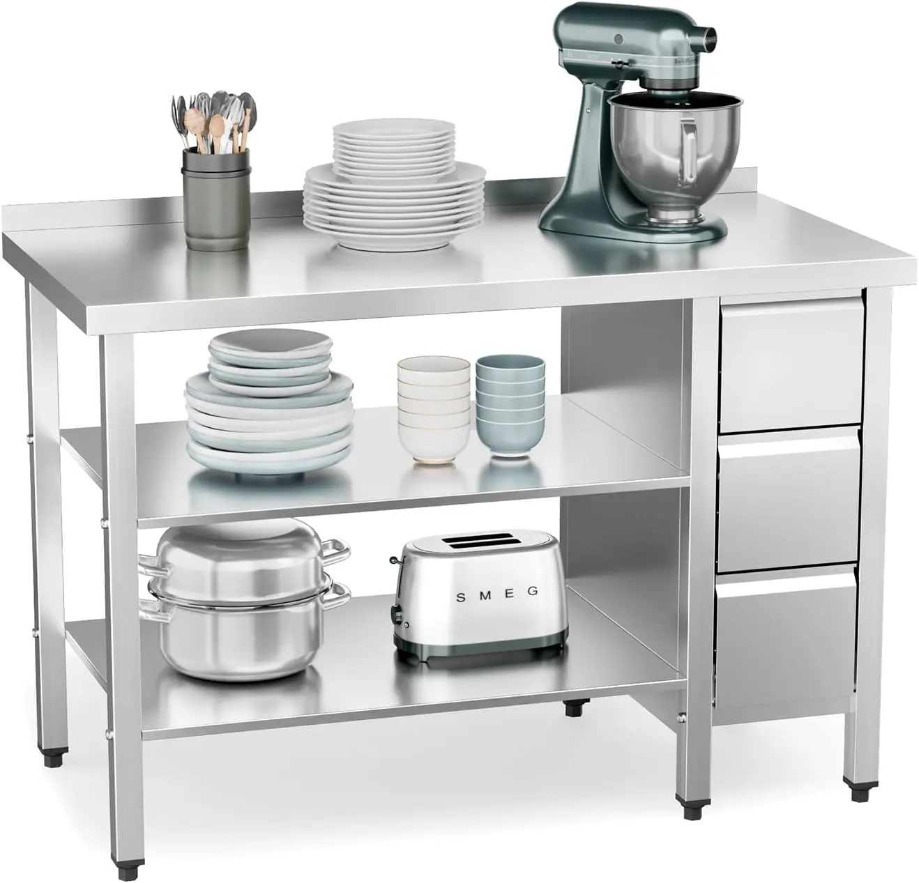 ROVSUN 48" X 24" Stainless Steel Table with 3 Drawers, Backsplash & Undershelf for Home Kitchen Restaurant Hotel Garage Warehouse (48" X 24")
