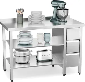 ROVSUN 48" X 24" Stainless Steel Table with 3 Drawers, Backsplash & Undershelf for Home Kitchen Restaurant Hotel Garage Warehouse (48" X 24")