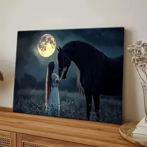 2D Flat, 2D Flat, Art Deco Wooden-Framed Canvas Poster Featuring a Girl And a Horse in a Moonlit Night Scene, Perfect for Decorating Your for Home Office, Living Room, Bedroom