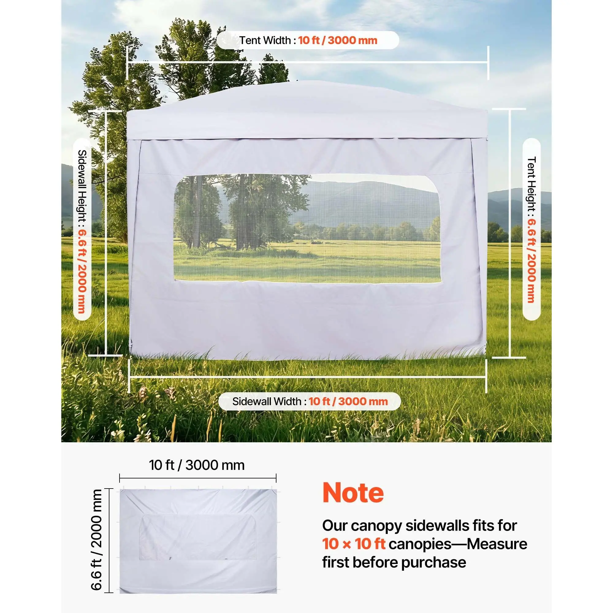 【Summerfinds】VEVOR Canopy Sidewalls, Fit for 10 x 10 ft Pop Up Canopy Tent, Tent Side Walls with Waterproof and Sunlight Protection Layer for Outdoor Event Tents, Vendor Booths, Camping (1 Sidewall Only, White), Hook Straps, 200X300cm