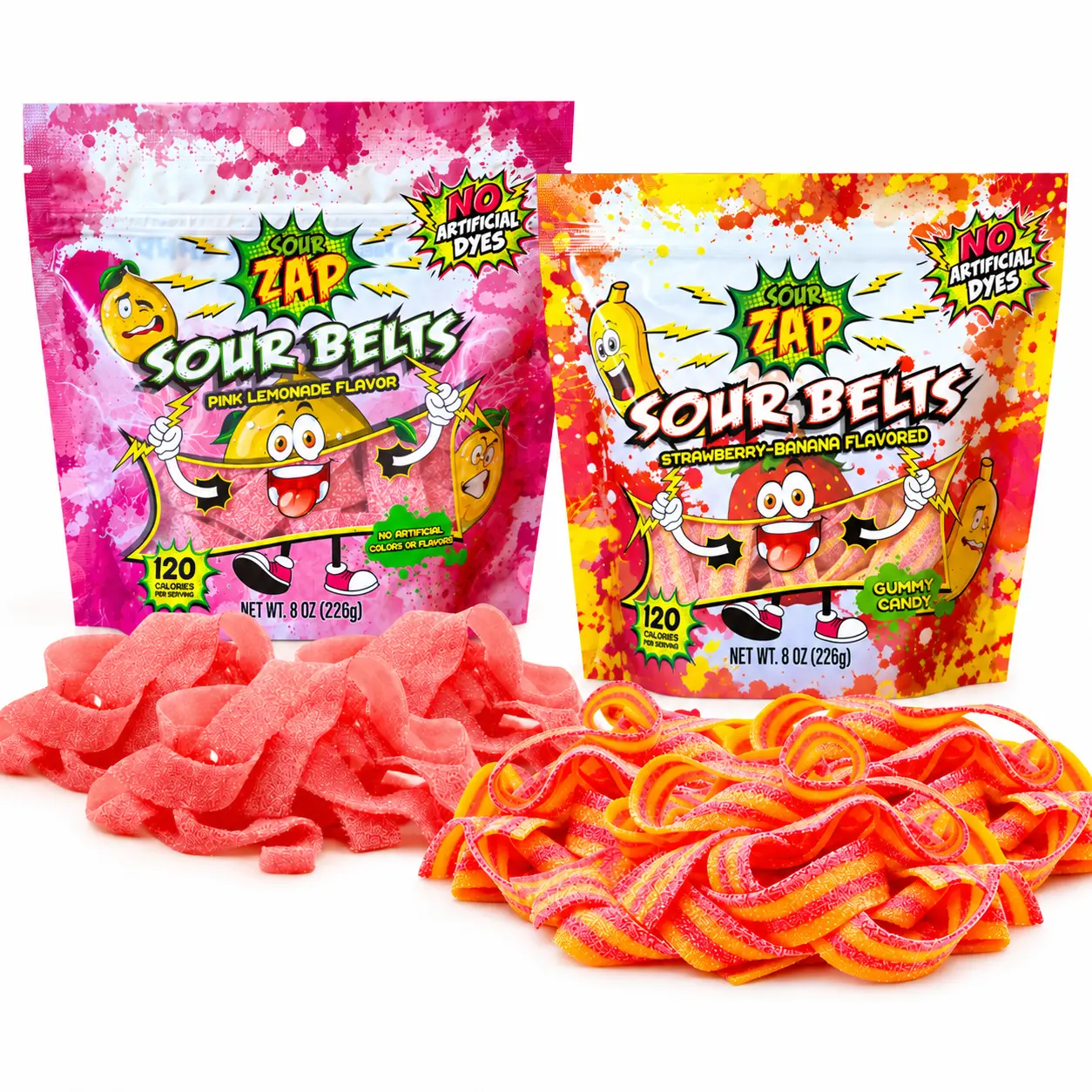 SourZap Sour Belts, No Artificial Colors - Strawberry Banana & Pink Lemonade Flavored Sour Candy Snacks