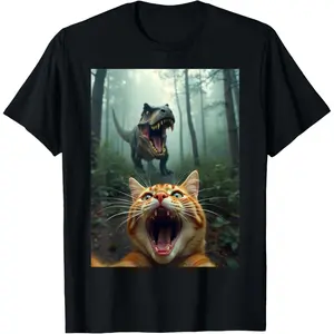Cat Selfie With T-Rex Dinosaur T-Shirt Graphic tees