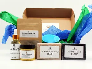 Ammoya Naturals Spring Glow Essentials Set - 6 Self-Care Essentials for Rejuvenated Skin with Aloe Vera Soap, Charcoal Soap, Turmeric Clay Mask & More Removing Impurities Soothing Face Serum Sugar Scrub Gentle Exfoliate Purifying