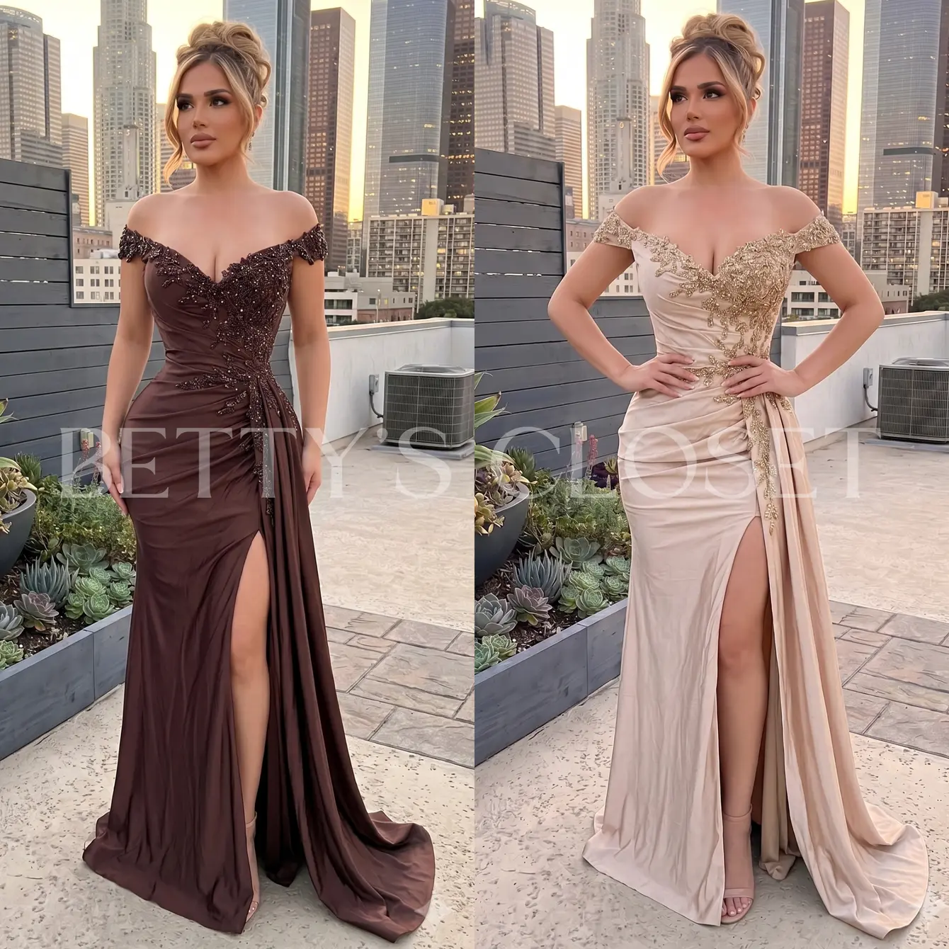 Jessica Embroidered Off Shoulder Gown W/ Side Gathering and Lace Up Back