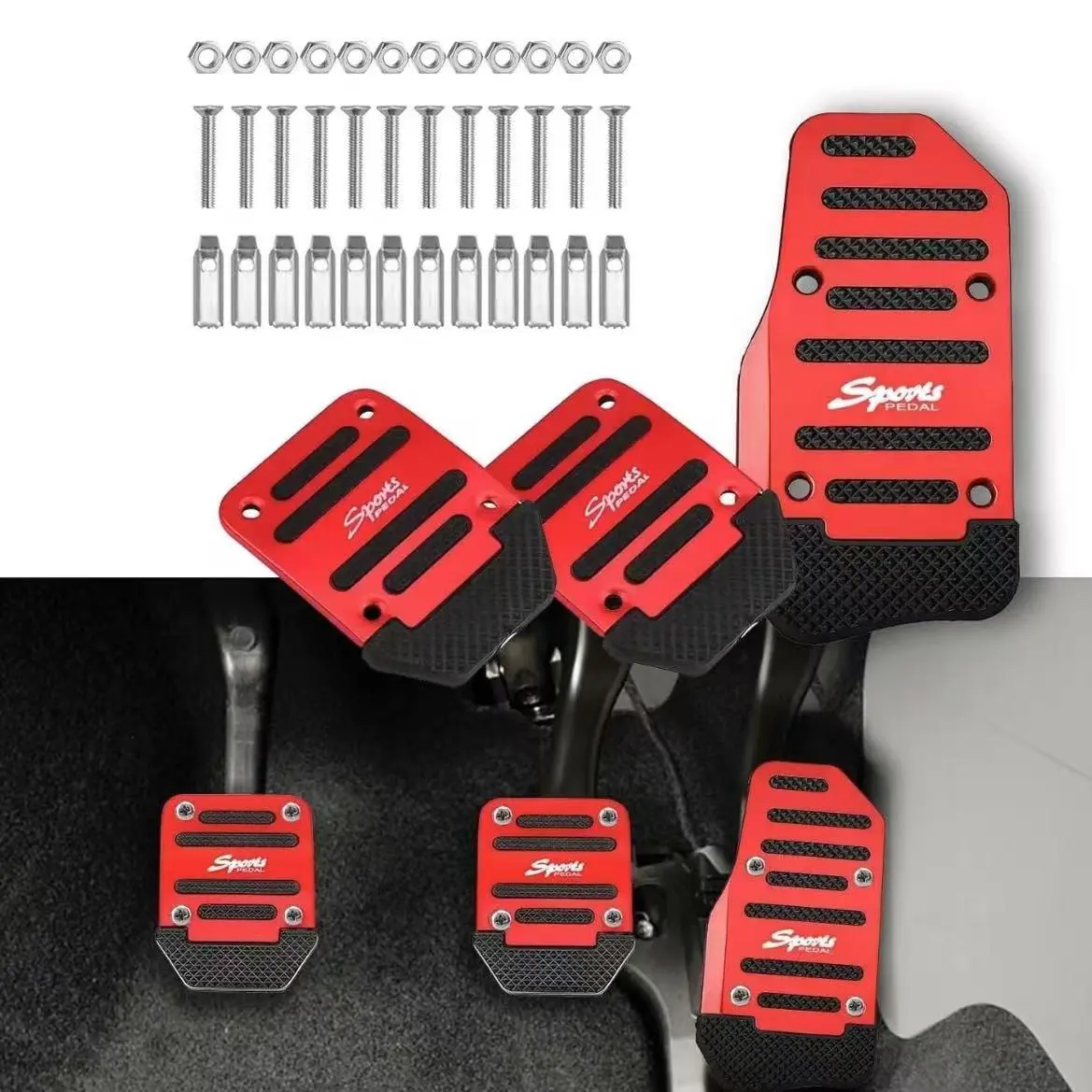 3pcs Automotive Manual Transmission Pedal Covers Set - Anti-Slip Decorative Metal-Plastic Caps, Durable Sport Kit (Red, Blue, Silver) - Auto Accessories for Cars, Trucks (Fits Automotive, Vehicle Pedal Systems)