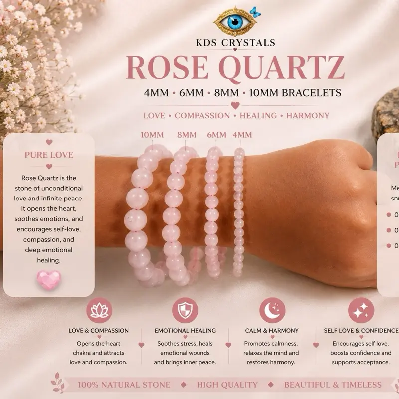 Rose Quartz Bracelet, Genuine Rose Quartz Beaded Bracelet, 4mm 6mm 8mm 10mm Crystal Bracelet, Heart Chakra Jewelry Gift