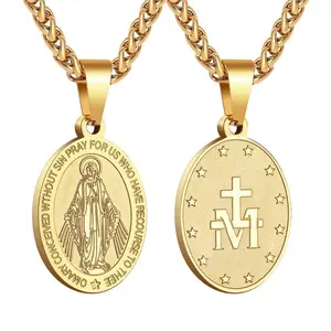 Virgin Mary Necklace Men's Miraculous Medal Necklace Stainless Steel Mary Mother of God Pendant Mother Mary Necklace Women's Christian Jewelry Medal St. Mary Accessories