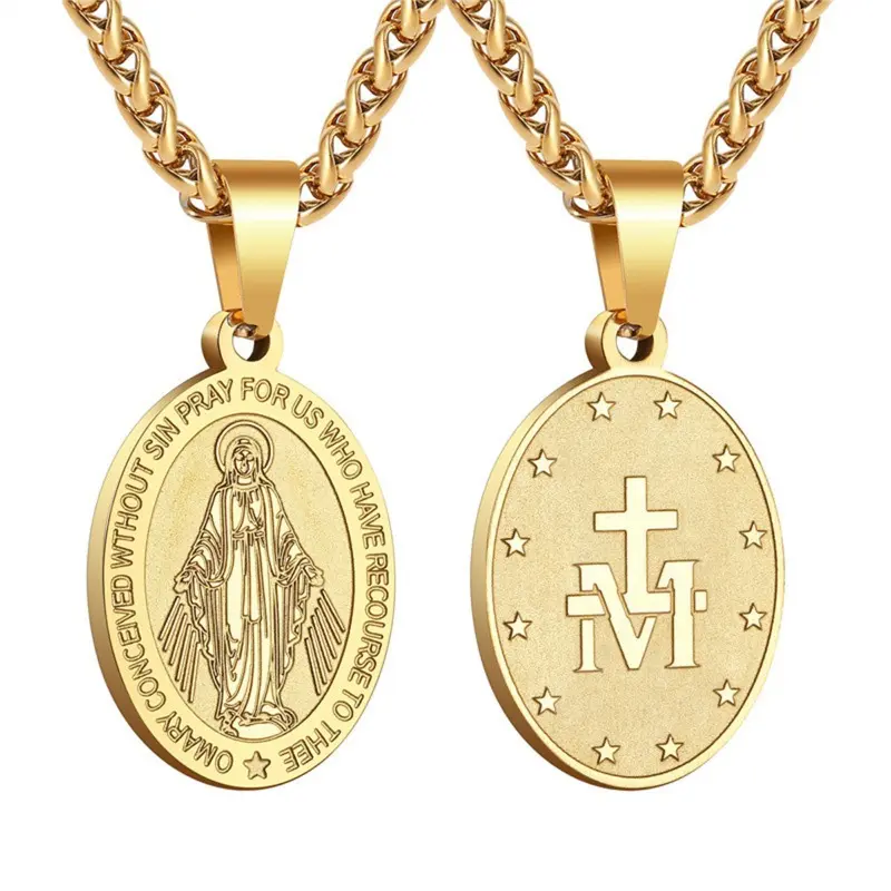 Gold Virgin Mary Faith Necklace for Women, Aesthetic Oval Stainless Steel Pendant on a 2mm Box Chain, Non-Tarnish, 18-24 Inches