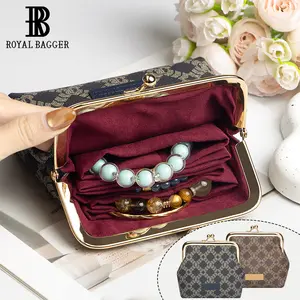 Royal Bagger Retro Jewelry Organizer for Women, Signature Coated Canvas & Vegetable-Tanned Cowhide Leather Wallet, Kiss-Lock Coin Purse 3271