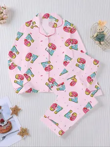 Six seven Girls' Long Sleeve Fitted Sleepwear Set, Pastel Cute Pajamas, Cartoon Colorful Print Design, Perfect for Daily Wear & Party, Ideal Gift for Kids