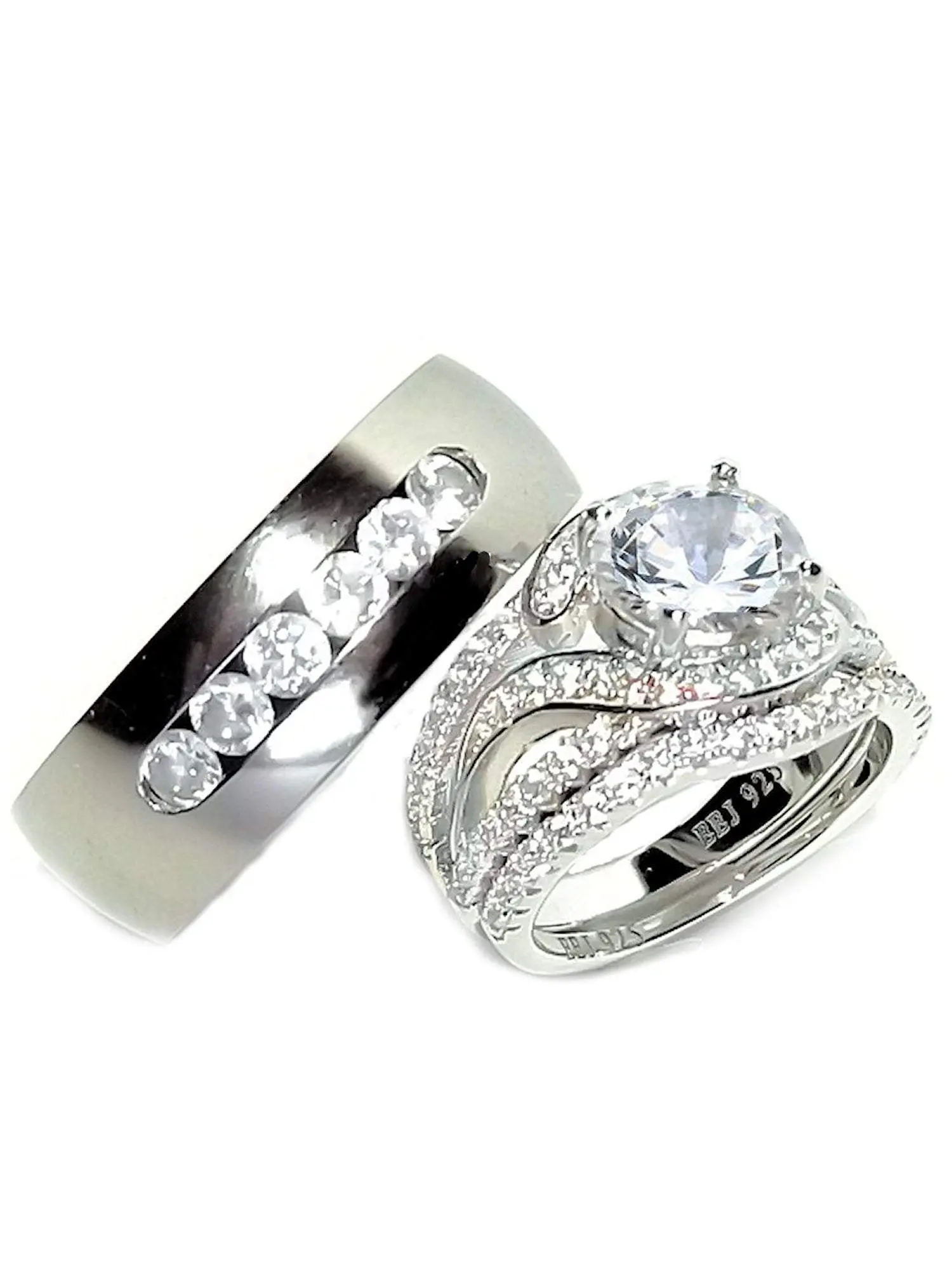 Unisex Titanium Halo Wedding Ring Stack - 3-Piece, 7mm Wide, 3.25ct Round Cut Cubic Zirconia, High Polish Couple Rings for Adults Men/Women with Extreme Sparkle and Shine