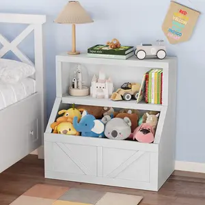 Kids Bookshelf and Toy Storage, 2 Tier Toy Organizer with Storage Cabinet, Toddler 2 Shelf Bookcase for Playroom, Bedroom, Living Room, Classroom, Vintage White