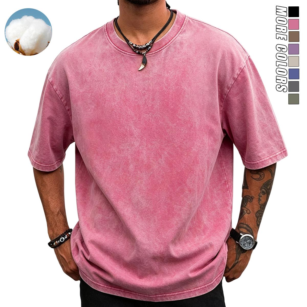 Men’s 4-piece pure cotton crew neck vintage washed T-shirt set — soft, loose T-shirts suitable for casual everyday wear; classic crew neck design.