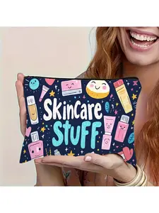 Sanrio "Skincare Stuff" Cosmetic Bag - Cute Makeup Pouch with Playful Skincare & Beauty Design, Durable Polyester Zipper Travel Organizer for Toiletries, Sanitary Pads, Essentials - Machine Washable Gift for Women, Travel, Gym, Camping, Cosmetic Pouch,