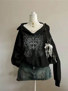Women's Y2K Graphic Hoodie Top, Sweatshirts, Long Sleeve, Cross Wing Floral Pattern, Loose Fit High Neck Pullover, Casual Chic Fall & Winter Fashion