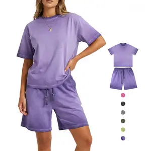 Womens Suits Oversized Tshirt & Shorts Set Heavyweight Cotton Relaxed Fit Summer Washed Dirty Washed Trendy Gradient Color Men's and Women's Suits, Short-sleeved Tops Paired with Shorts, Retro Couple Outfits