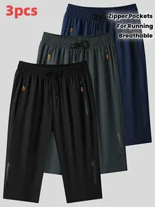 Men’s 3-Pack Shorts, Plus Size, Casual Sports, Quick Dry, Breathable Stretch Shorts, Zipper Pockets, Running, Fitness, Cycling, Hiking, Swimming, Outdoor