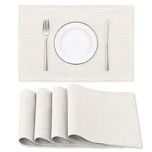 H.VERSAILTEX Linen Placemats Set of 4 Premium Solid Table Placemats for Dining Table Spill-Proof Waterproof Table Mats Heat-Resistant Kitchen Table Mats Washable, 12x18 inches, Ivory