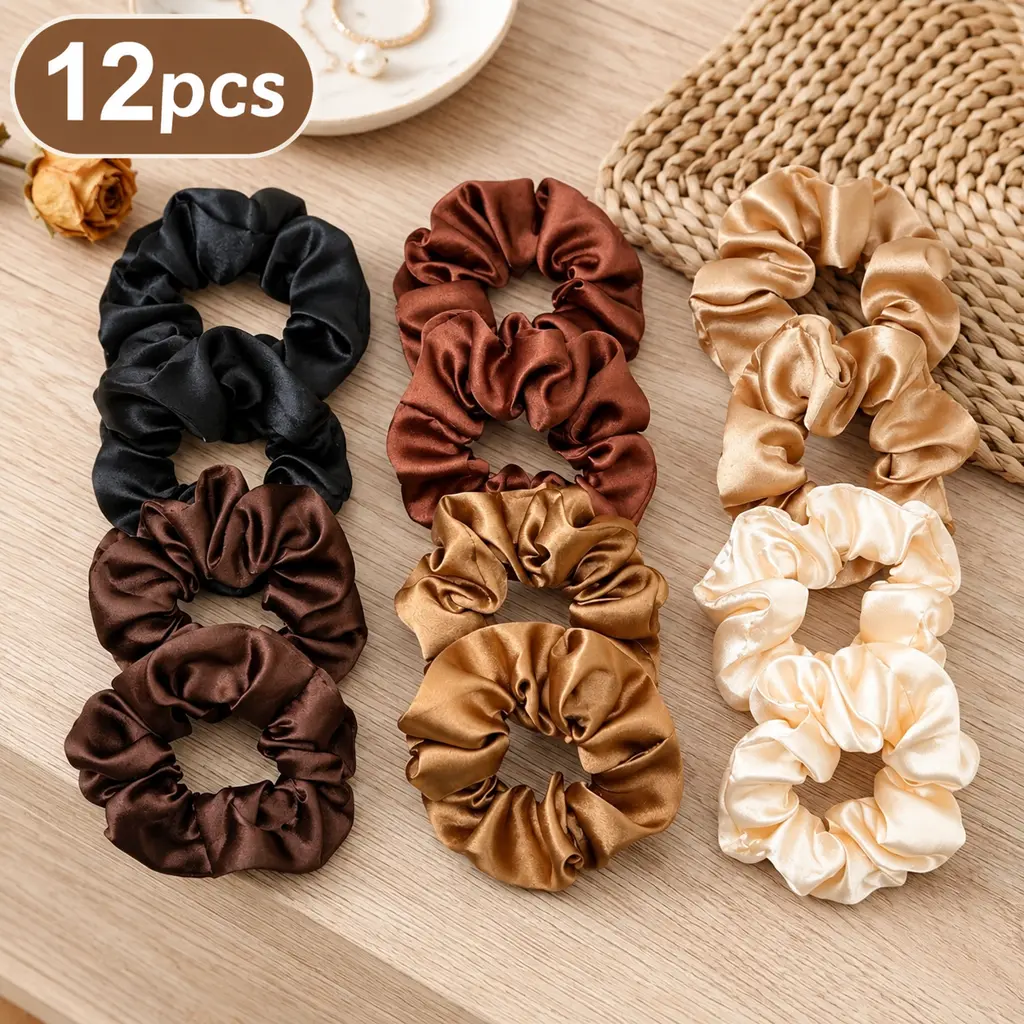 12-Pack Women's Elegant Plain Smooth Satin Scrunchies Set Ultra-Soft Elastic Unisex Hair Ties, Gentle Hold Hair Accessories Set for Casual Daily Use, Black, Mocha, Champagne Gold, Cream Colors