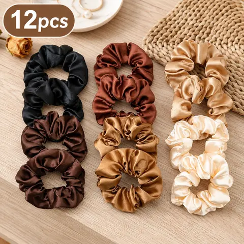 Women's 12-Pack Elegant Plain Smooth Silk Scrunchies - Ultra-Soft Rubber Elastic Unisex Hair Accessories Set, Assorted Colored Hairbands, Gentle Hold for Daily Casual Use (Black, Mocha, Champagne Gold, Cream)