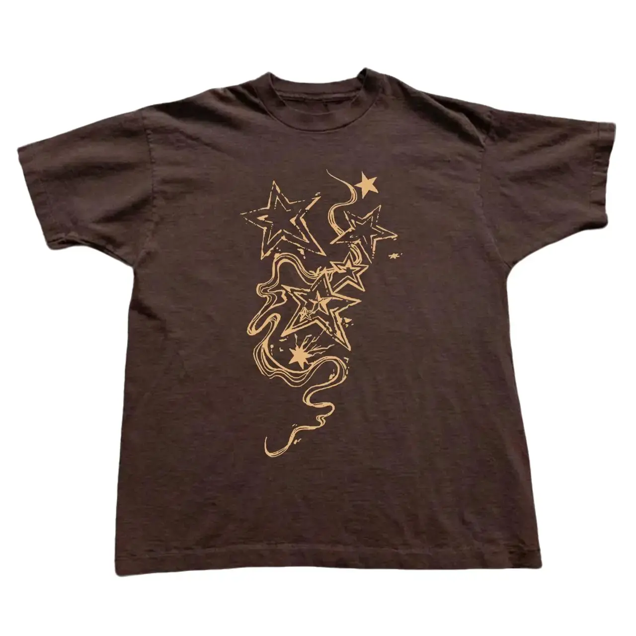 Brown graphic tee with gold star design and swirling lines, Distressed Starburst Design Tee Unisex Faded Dark Brown Retro Short Sleeve Cotton Shirt