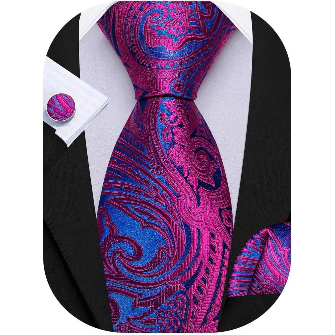 Men's Paisley Silk Tie Set - Bold Pattern Neckties, Designer Print Neckties, Pocket Square, Cufflinks for Formal Wedding, Business Events