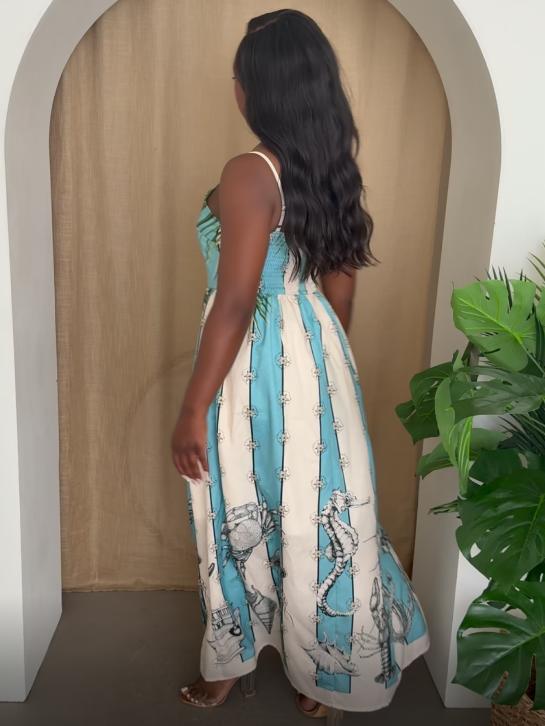 Coastal Serenity Nautical Print Maxi Dress for Timeless Resort Chic - Ocean Inspired Aqua Blue & Cream Stripes, Spaghetti Straps, Full Length Skirt, Casual & Elegant Womenswear