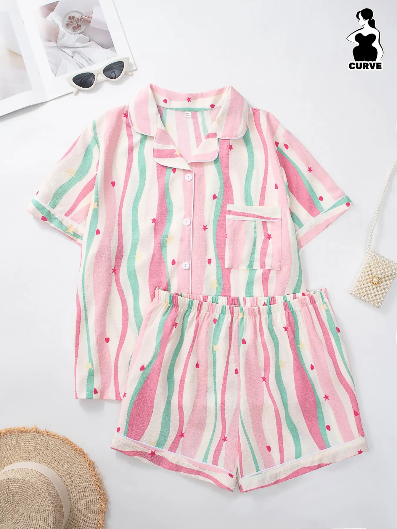 Women's Plus Size Sleepwear Loungewear Set, Lapel Short Sleeve and Shorts, Colorful Striped Print, Polyester Fabric, Summer Home Wear, Pajama
