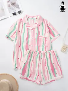 Women's Plus Size Sleepwear Loungewear Set, Lapel Short Sleeve and Shorts, Colorful Striped Print, Polyester Fabric, Summer Home Wear, Pajama