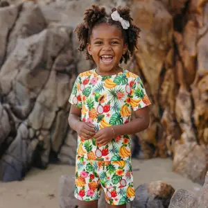 Bamboo Short Sleeve Two-Piece Set Tropical Fruit for Boys - White, Casual, Summer Clothes, Comfortable Fit, Stretchy Waistband, Banana Pineapple Dragon Fruit Hibiscus Print Fashion Pants